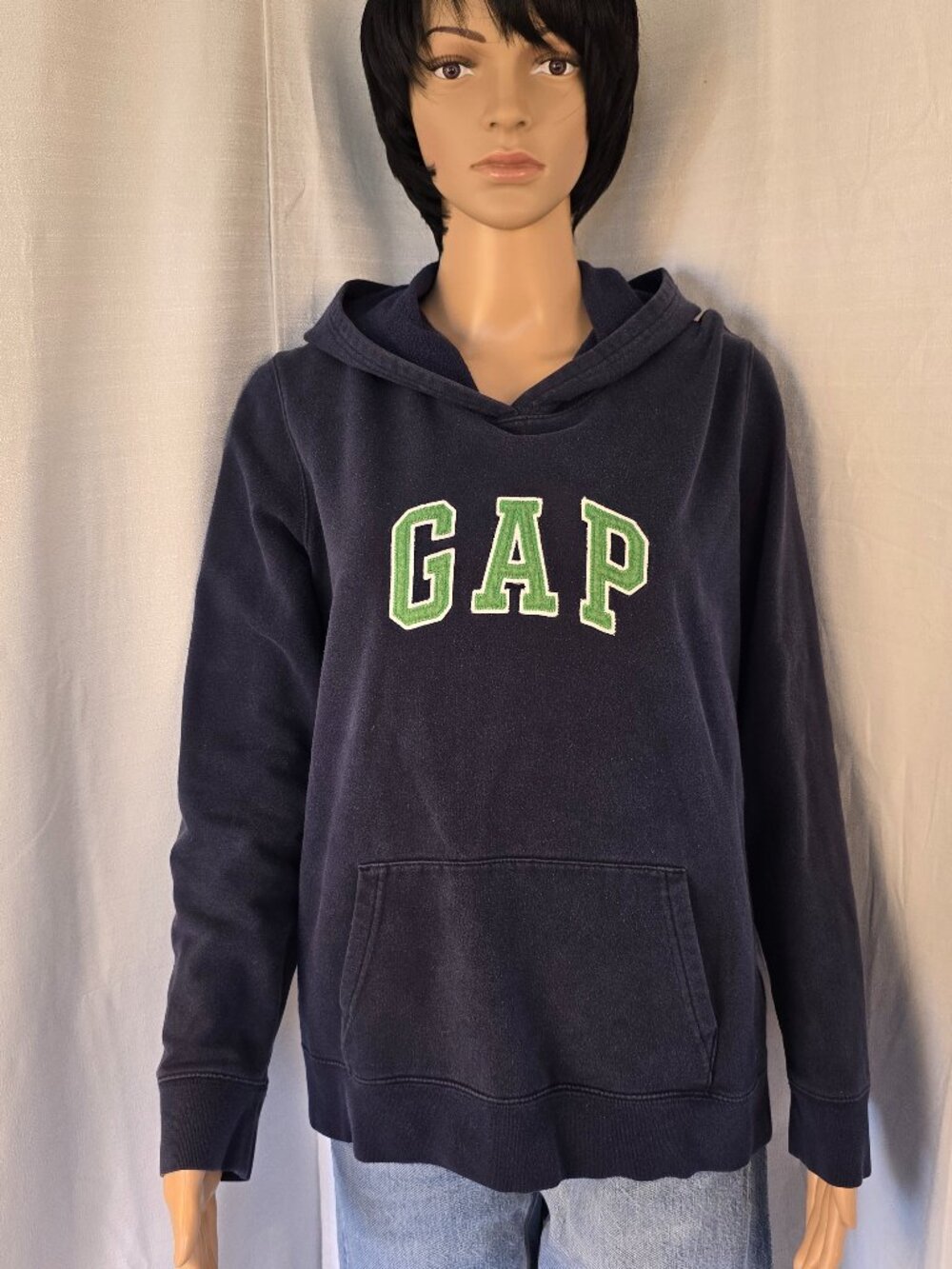 GAP Pullover Hoodie Navy with Green Lettering and Kangaroo Pocket Size XL